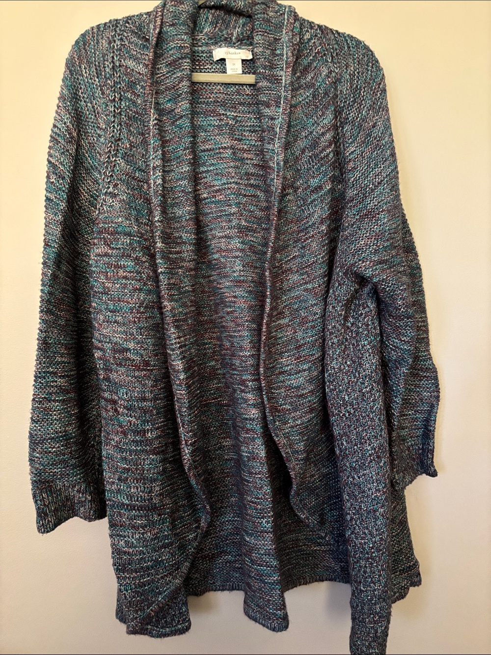 CJ Banks Teal and Gray Open-Front Marled Cardigan